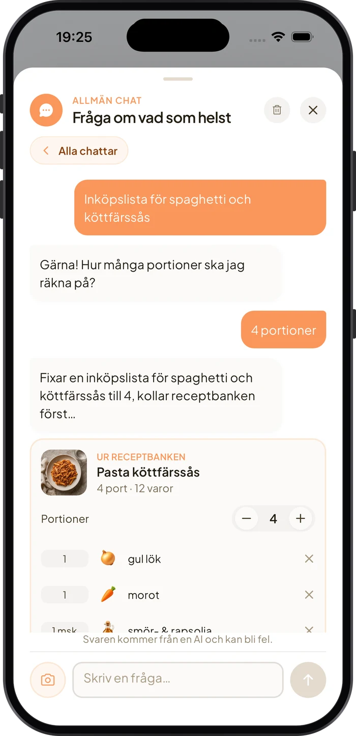 AI-chatten i Spisa som bygger en inköpslista för spaghetti och köttfärssås till fyra portioner.