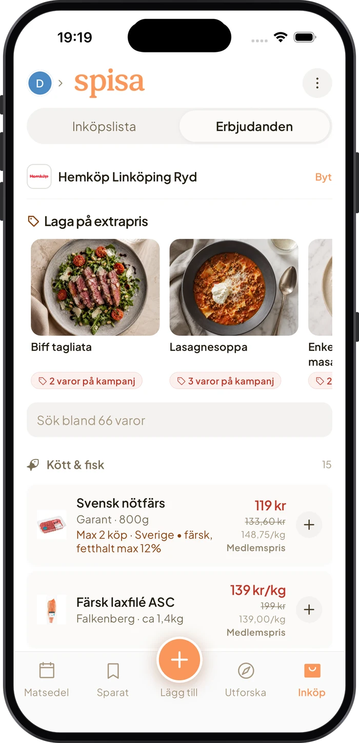 Erbjudandevyn i Spisa: Laga på extrapris med rätter baserade på veckans kampanjer hos Hemköp.