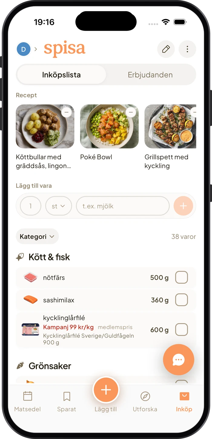 Inköpslistan i Spisa, sorterad i avdelningar som Kött och fisk och Grönsaker.