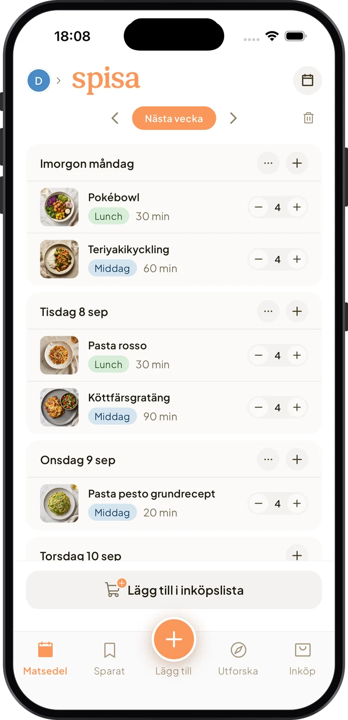 Veckoplanen i Spisa med Pokébowl till lunch och teriyakikyckling till middag på måndagen.
