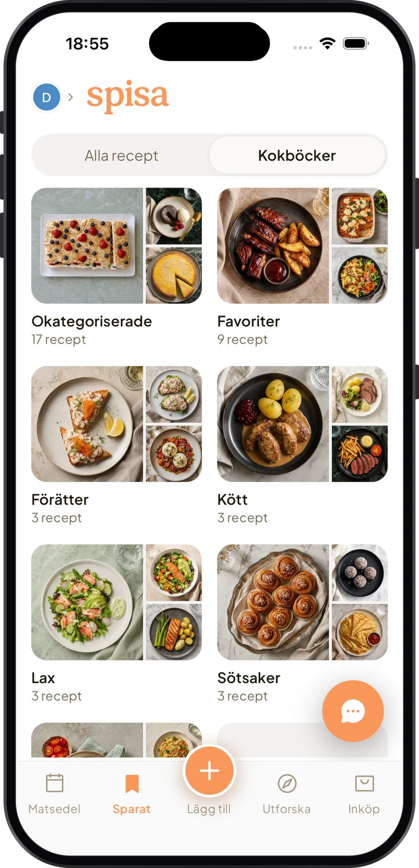 Spisa på en iPhone: receptbiblioteket uppdelat i kokböcker som Favoriter, Förrätter, Kött och Sötsaker.