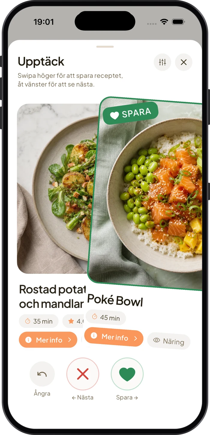 Utforska-vyn i Spisa där man sveper höger för att spara ett recept och vänster för att gå vidare.